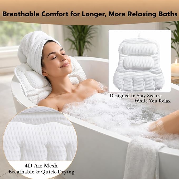 Bath Pillows for Tub, Full-Body Relaxation with Head, Neck & Shoulder Support, Ergonomic Design, 10 Suction Cups, Breathable 4D Air Mesh (White)