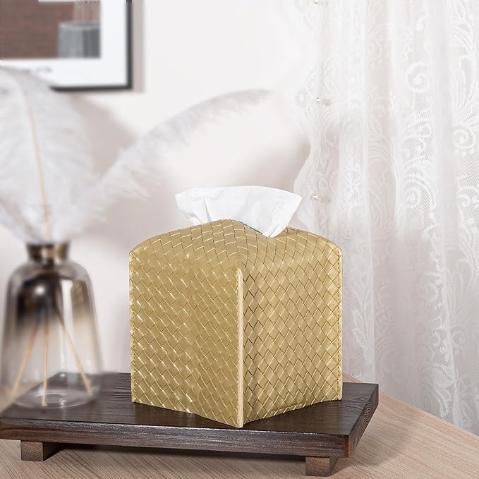 Tissue Box Cover PU Leather Tissue Holder Square Facial Tissue Case Facial Paper Organizer Dispenser for Bathroom, Vanity Countertop, Tabletop, Car, Gold