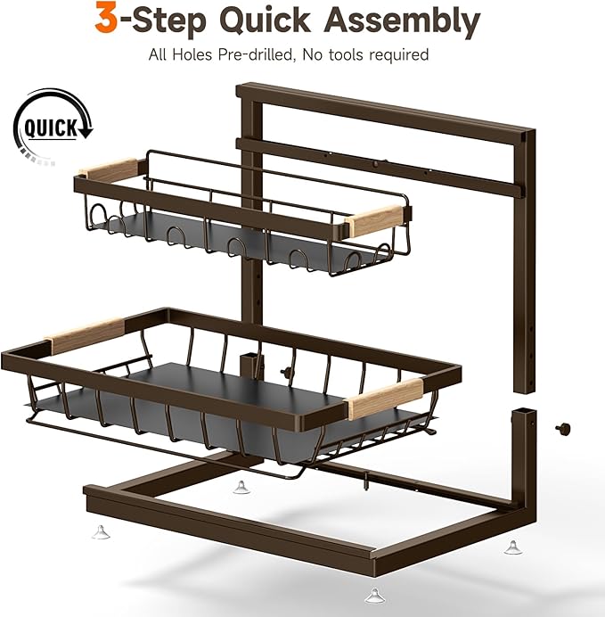 2 Packs Under Sink Organizer, Height Adjustable 2 Tier Under Kitchen Sink Organizer, Multi-Purpose Storage Shelf for Kitchen Bathroom Cabinet (Brown, Extra Large)