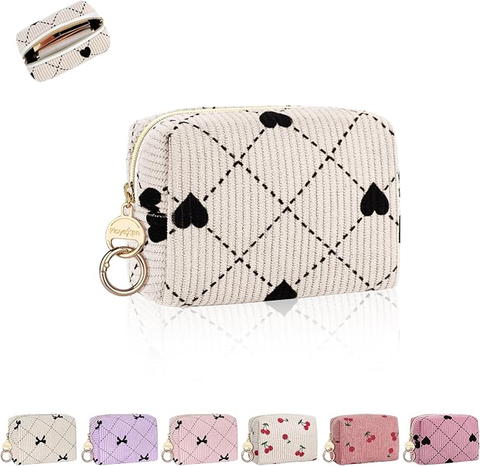 Mini Makeup Bag, Corduroy Small Cosmetic Bag for Purse with Ring Buckle, Travel Makeup Pouch for Lipsticks, Chapsticks, Coin, Earphone, Credit Card (Hearts-Beige)