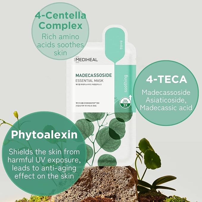Mediheal Best Korean Sheet Mask - Madecassoside Essential Face Mask 4 Sheets For Sensitive Blemish Prone All Skin Types Hydrating Moisturizing Calming Soothing