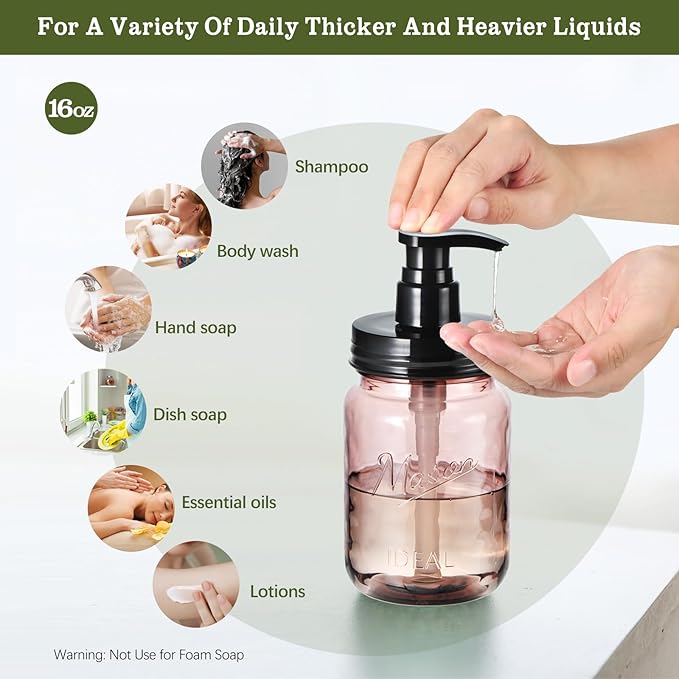 Amolliar 16 Oz Plastic Soap Dispenser, Refillable Hand Dish Soap Dispenser - Vintage Rose Bottle with Black Pump Lids, for Farmhouse Bathroom Kitchen, Includes Extra Pump & Waterproof Label