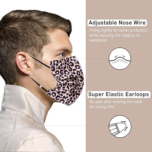 Borje Disposable Face Masks with Designs Cute Face Mask 3 Ply Cheetah Print 50 Pcs