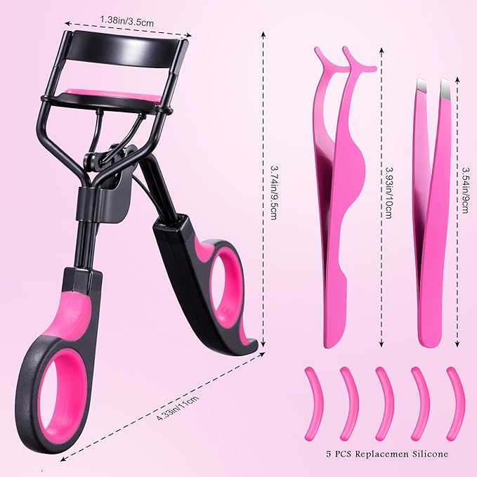 Eyelash Curler Tool - 3-in-1 Eyelash Curler Lash Lift Kit Lash Curler, Professional Kit, Eyelash Extension Tweezers - Includes Replacement Pad with Refill Pads for Home & Travel Uses (Rose Red)