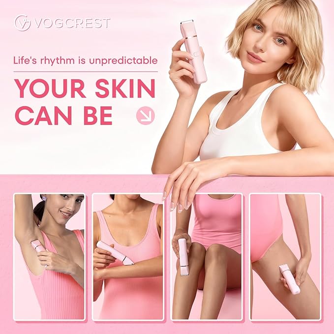 VG VOGCREST Bikini Trimmer for Women: Rechargeable 2-in-1 Painless Body Shaver for Leg Arm Underarm with Length Combs - Portable Travel Friendly Pubic Grooming Kit with Charging Dock (Light Pink)