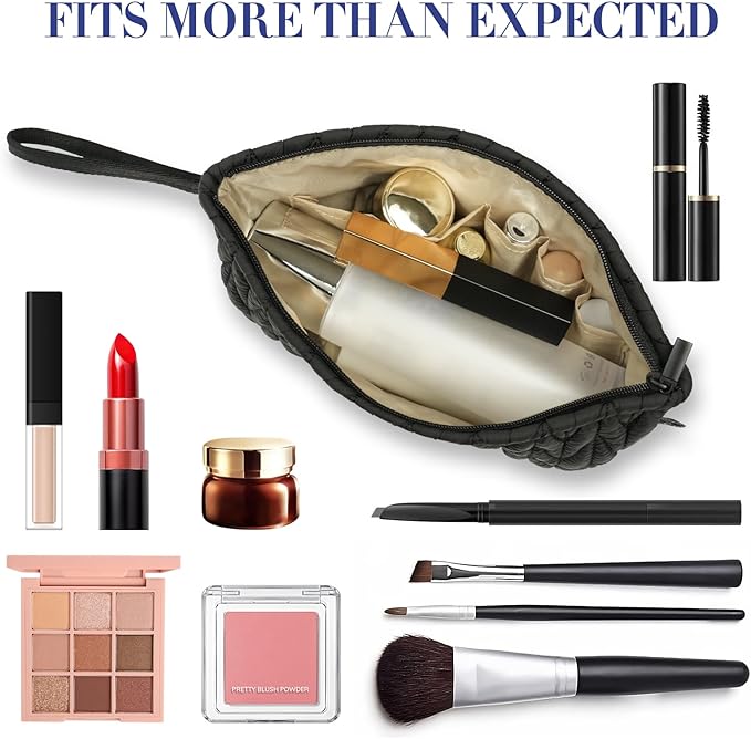 Gloppie Black Makeup Bag Small Cosmetic Bag for Purse Puffy Padded Makeup Pouch Wristlet Pouch Teacher Gifts for Women