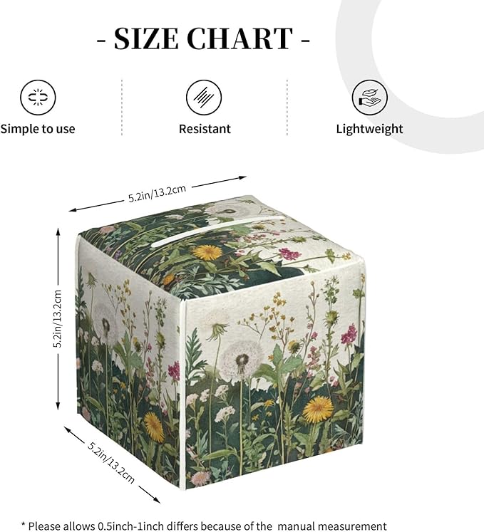 Retro Herbs Spring Dandelion Tissue Box Cover Leaves Summer Holiday Square Leather Tissue Holder Decorative Facial Tissue Cube Paper Cover Case Organizer for Bathroom Night Stands Desk Home