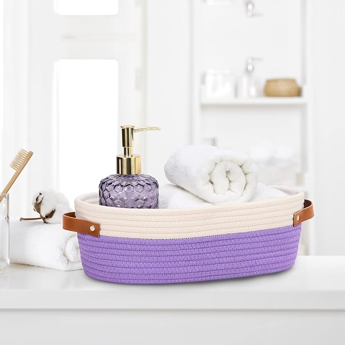 Bathroom Countertop Organizer Basket, Cotton Rope Woven Storage Basket Toilet Paper Decorative Basket for Bathroom, Bedroom, Living Room, Entryway 13"x6.3"x4.3" (Off White/Purple)