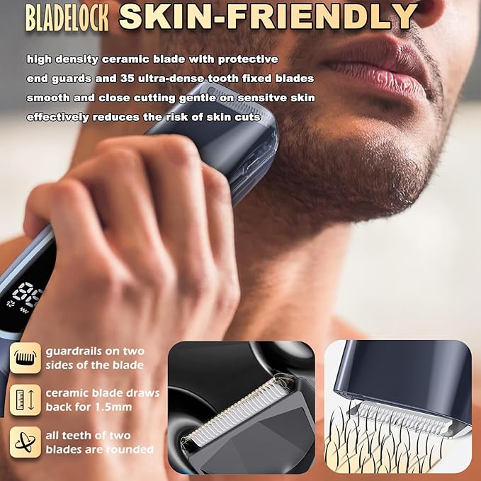 Beard Trimmer for men, Vacuum Mustache Trimmer with Type-C Charging, IPX7 Waterproof Electric Shaver Body Hair Trimmer for Men with LCD Display, Length Adjustable Blade Wheel (1/25"-4/5") (Blue)