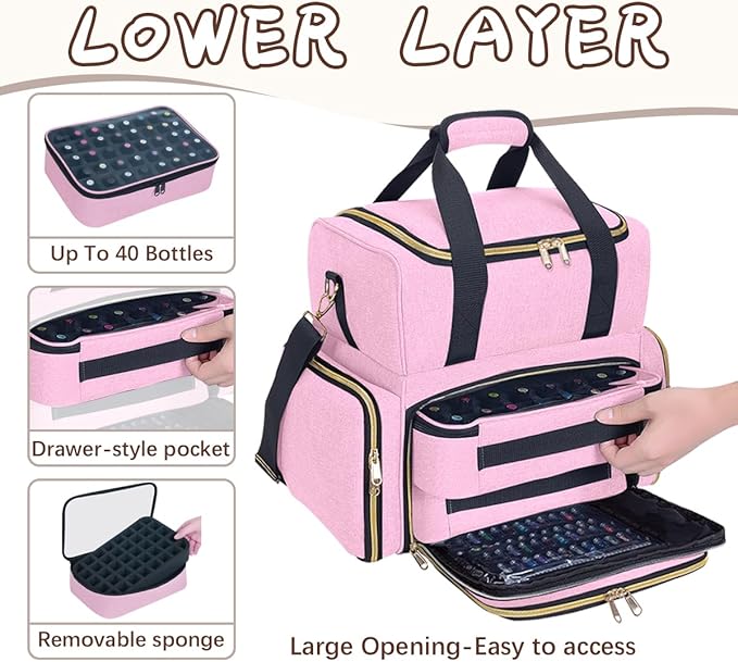 Nail Polish Organizer Case Large Capacity 80 Bottles(15ml/0.5fl.oz) Travel Storage Box with 2 Detachable Bags for Women's Nail Tools Essential Oils and Cosmetics Sets Pink