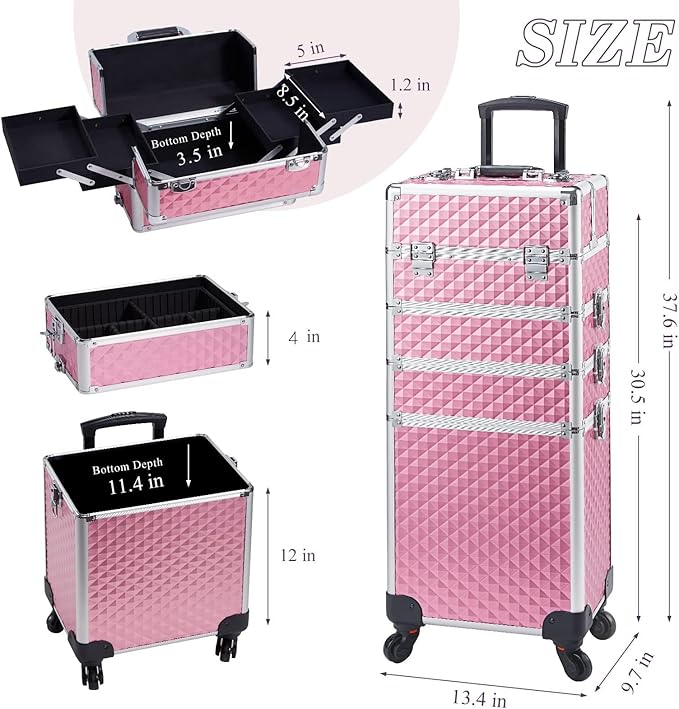 Adazzo 4 in 1 Rolling Makeup Trolley Train Case Cosmetic Suitcase, Box for Makeup Artist, Hairstylists, Nail Tech Students Barber Case with Keys Swivel Wheels - Shiny Pink