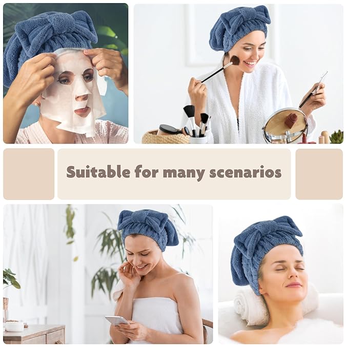 SUNLAND Large Microfiber Hair Drying Caps with Bow knot Fast Drying Shower Cap Soft and Absorbent hairWrap Hair Turban Bath Caps for Curly Thick and wet Hair 11 X 13.4 inch 2 Pack Dark Blue