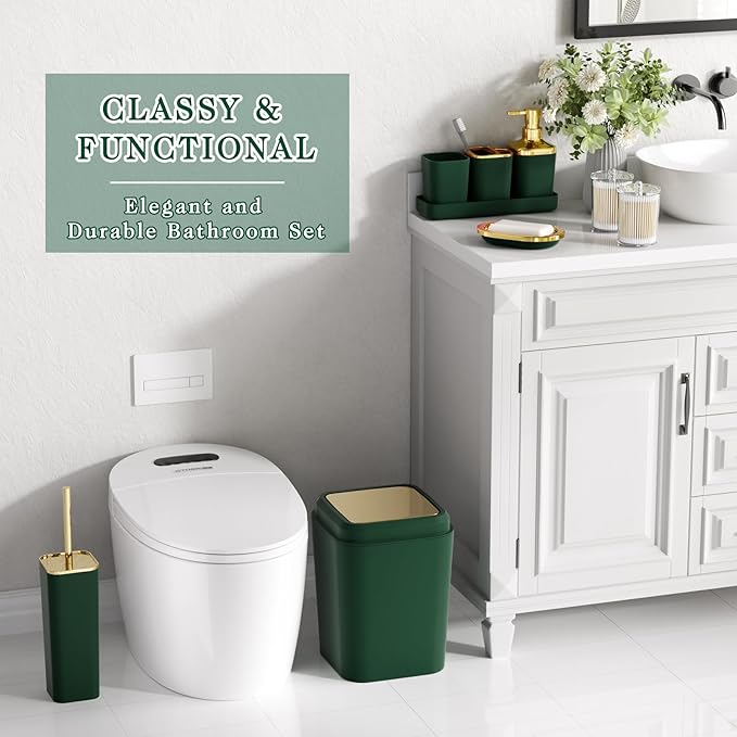 Bathroom Set - Dark Green Bathroom Sets with Shower Curtain and Rugs, 24PCS Shower Curtain Set with Hooks, Soap Dispenser, Soap Dish, Toilet Brush Holder and Trash Can for Housewarming