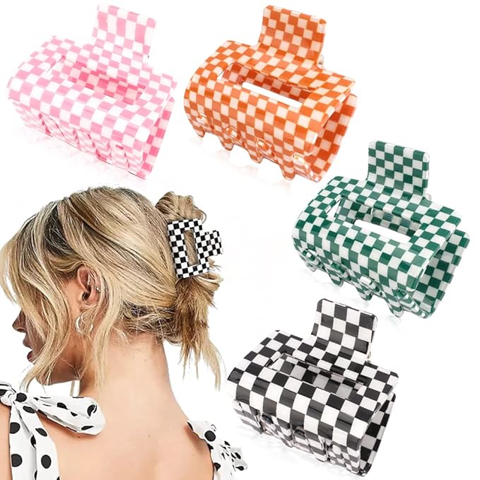 Ahoney 4 Pack Checkered Hair Claw Clips for Thin Hair Y2k Hair Accessories 2" Small Hair Clips for Thick Hair Cute Hair Clips for Women Girls