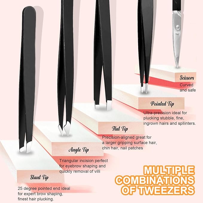 Yougai Tweezers and Nail Clippers Set,9 Pcs Professional Stainless Steel Tweezers Kit-Great Precision Tweezers with Curved Scissors and Eyebrow Razor for Daily Beauty Tools with Leather Travel Case