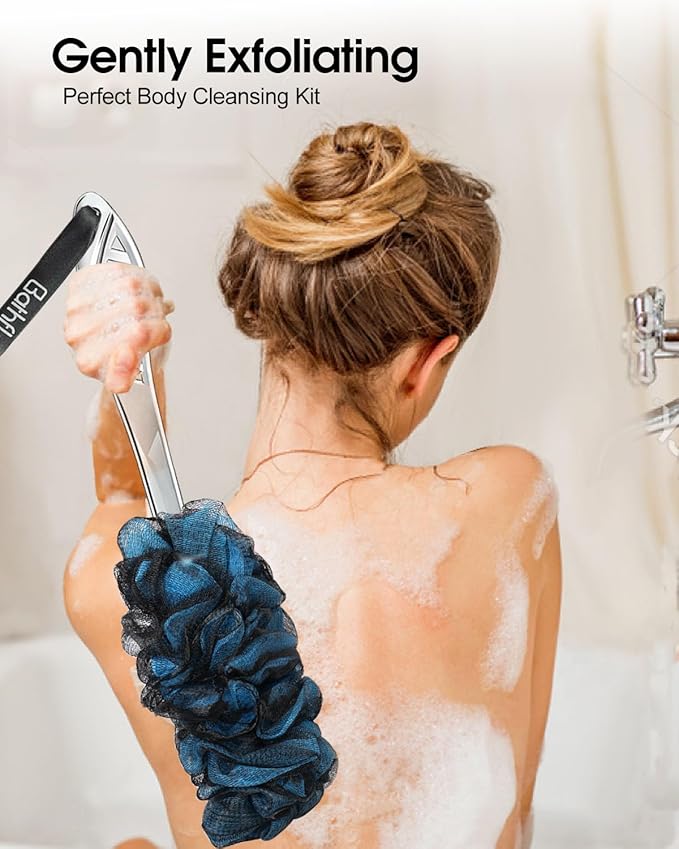 Shower Loofah Sponge Exfoliating Body Scrubber 80g, Charcoal Loofa for Women & Men Bath Wash: 1 Long Handle Back Brush Plus 4 Packs Extra Large 80g Soft Luffa Poufs, 1 Lufa Hook (Charcoal)