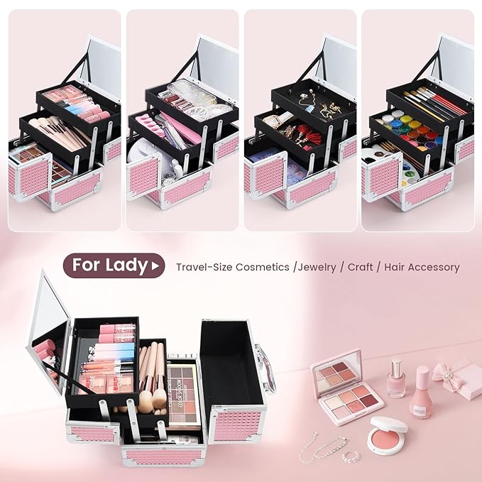 FRENESSA Makeup Train Case Makeup Box Organizer Portable Cosmetic Travel Case Makeup Case with Mirror Locking Make Up Cases Organizers and Storage for Nail Supplies Hard Cosmetic Box Shiny Pink