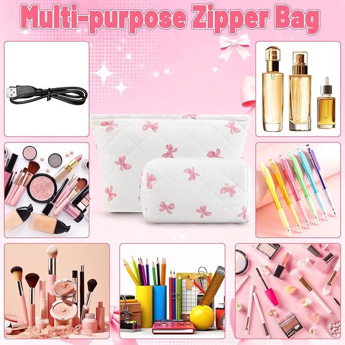 2Pcs Small Makeup Bag Quilted Cosmetic Bag Flower Pencil Case Travel Makeup Bag Set for Women Cute Cosmetic Pouch Aesthetic Cotton Toiletry Organizer Storage Bags Puffy Zipper Pouch Christmas Gifts D