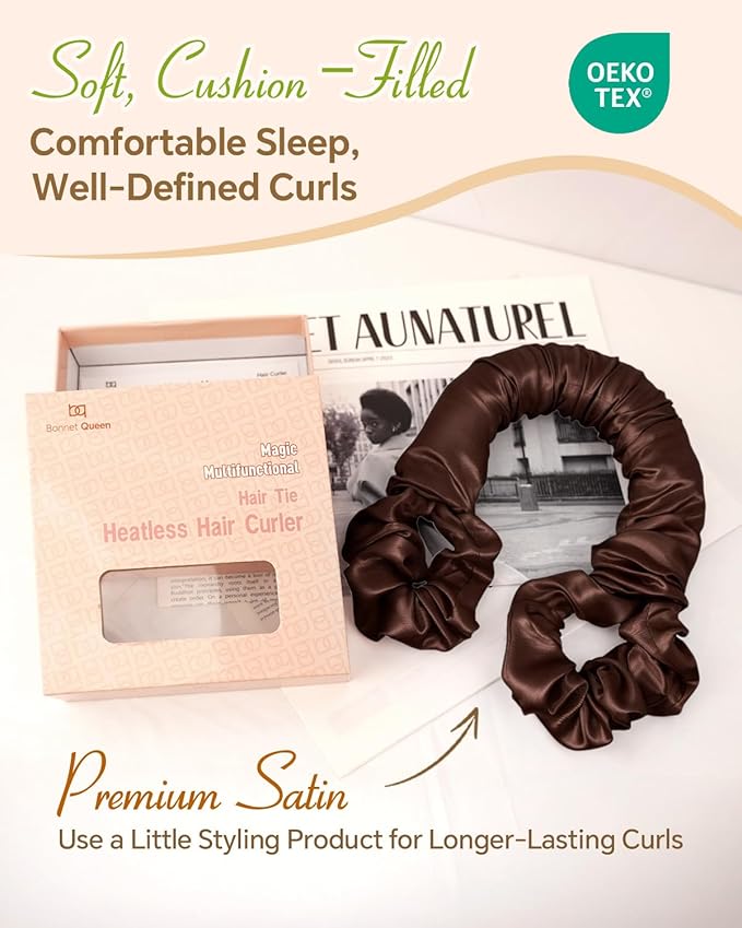 BONNET QUEEN Satin Heatless Hair Curler, Overnight Curls for Long Hair, ultra soft Heatless Curling Rod & 2 Scrunchies,Damage-Free Styling, Soft Hair Curlers for Overnight Use(Brown)