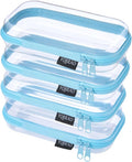 YQBRA 4 Pack Clear Hard Shell Zipper Case, See-Through Hard Plastic Organizer Pouches with Zipper for Travel, Toiletries, Makeup, Electronics & Pencils - Crush-Resistant Storage (S Blue)