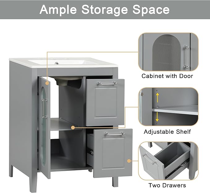 Harper & Bright Designs 24" Bathroom Vanity with Sink, Free Standing Single Basin Vanity Set with Two Drawers and Glass Door, Modern Wooden Bathroom Cabinet with Ceramic Basin for Bathroom, Grey