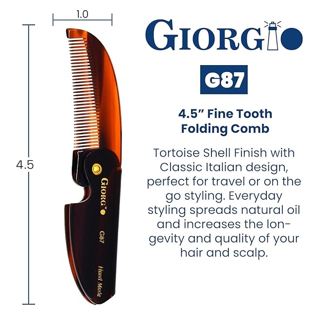 Giorgio G87 Folding Mustache and Beard Comb for Men - Handmade, Saw-cut, Hand Polished Pocket Styling Comb for Everyday Grooming and All Type of Hair Care (Tortoiseshell)