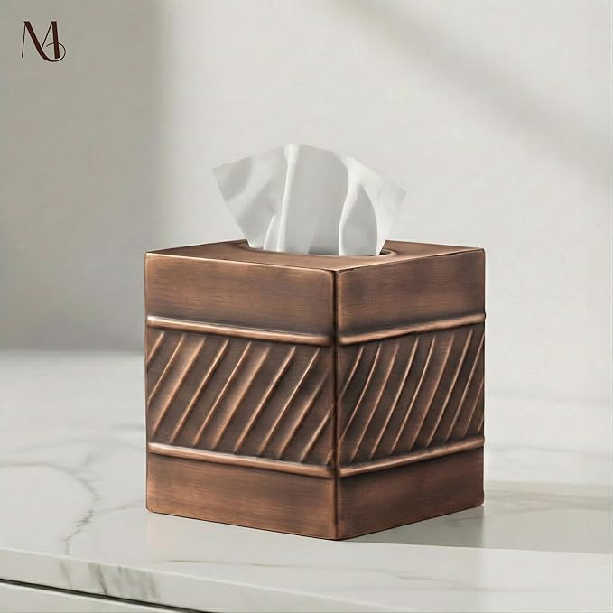 Monarch Abode Tissue Box Cover Square – Handcrafted Wave Embossed Antique Copper Metal Tissue Holder Box for Bathroom Accessory, Aesthetic Decorative Facial Napkin Cube for Modern Home Decor