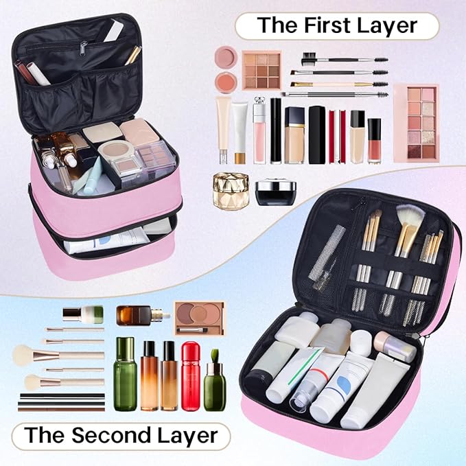 Double Layer Makeup Bag Portable Large Cosmetic Case Organizer with Adjustable Dividers Storage Travel Bag for Accessories Brushes Conditioner and Skin Care Products (Pink)
