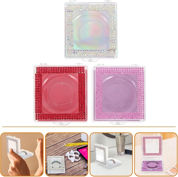 Cabilock 3pcs Lash Packaging Boxes with Rhinestones Colorful Small Eyelash Storage Cases for False Lashes in Pink Red and Iridescent for Salon and Personal Use