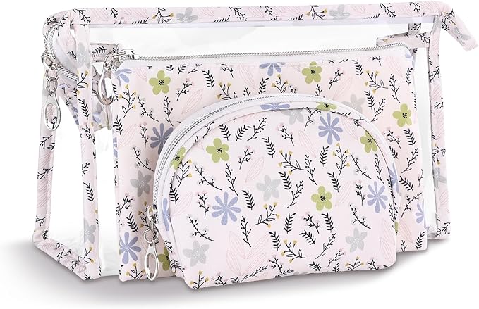 Richeart Makeup Bag, Clear Bag with Zipper, 3PC Floral Flowers Makeup Pouch, Waterproof Small Pouch, Portable Travel Toiletry Bag, D