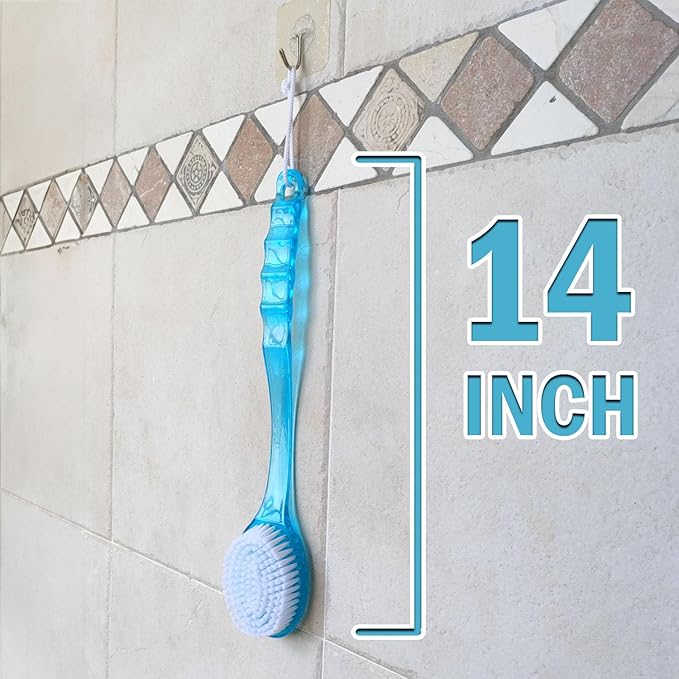 2 Pack Bath Body Brush Long Handle Back Shower Brush Exfoliating Back, Body, and Feet Scrubber Soft Nylon Bristles (Blue & Green)