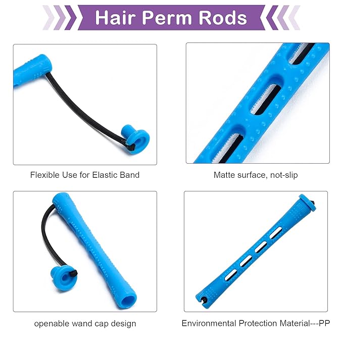 Coolrunner Hair Perm Rods Set, 60PCS Blue Plastic Curler Perming Rods with Steel Pintail Comb, DIY Hair Curler Styling Tools for Hairdressing Hair (0.9cm)