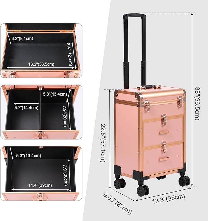 3 in 1 Rolling Makeup Case, Professional Cosmetology Case on Wheels, Detachable Clear Makeup Bag & Nail Polish Organizer, Portable Makeup Trolley with Drawers for Makeup Artists & Nail Technicians
