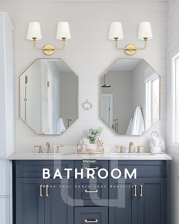 2 Light Bathroom Light Fixtures, Brushed Gold Vanity Lights, Double Wall Sconce with Beige Fabric Shade, Modern Sconces Wall Lighting for Hallway Bedroom Stairway, VL837-BG-B-2