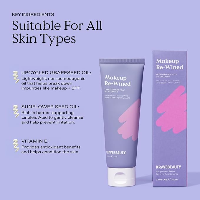 KraveBeauty Makeup Re-wined Cleansing Oil Makeup Remover, Transforming Jelly Oil Cleanser Dissolves Waterproof Makeup & SPF with Sunflower & Grape Seed Oils, Fragrance Free, 100 mL