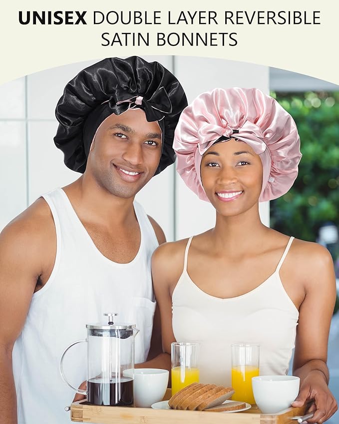 Satin Bonnet Silk Wrap for Sleeping - Reversible Night Cap with Tie Band for Curly Hair (Black + Pink)