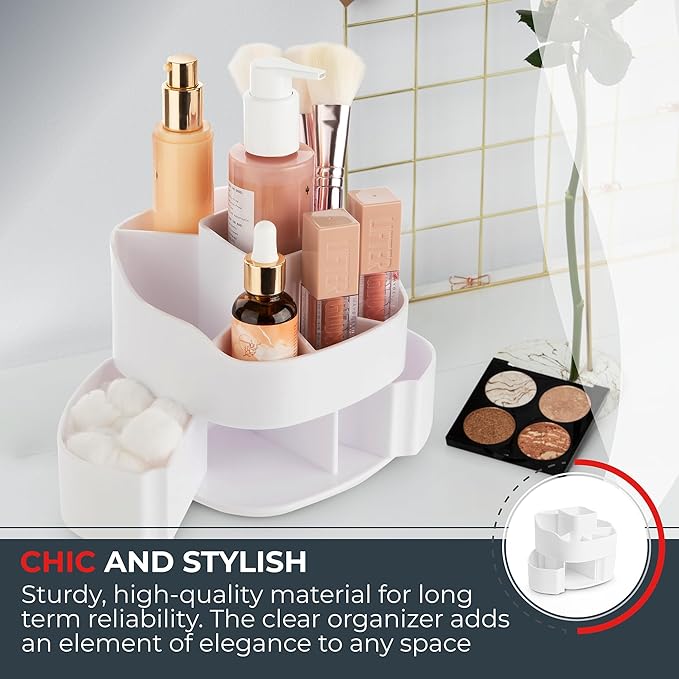 Masirs Small 360 Rotating Makeup Organizer - Mini Yet Spacious Cosmetic Storage Solution with Multiple Compartments - The Perfect Spinning Make-Up Caddy for Vanity or Bathroom Counter (Square - White)