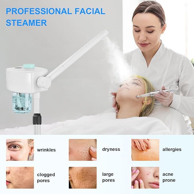 Professional Facial Steamer, Vaporizador Facial Steamer for Esthetician, Face Steamer on Wheels, Rocker Arm/Preheat/Hot Mist Adjustment/Timer Function, Facial Steamers for Home Salon Spa Skin Cleaning