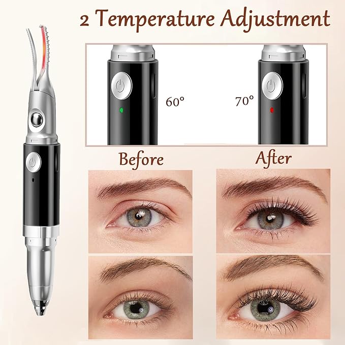 Heated Eyelash Curler - 2 in 1 Eye Lash Curler and Eyebrow Trimmer for Women with 2 Temperature Modes, USB Rechargeable Electric Eyelash Curler, Anti-Burn Design, Ideal Gift for Women(Black)