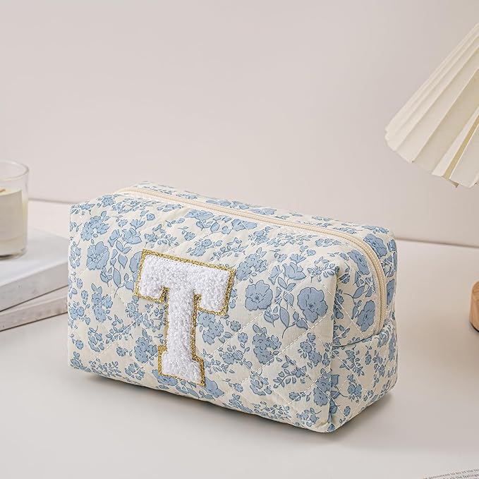 JOVAKIT Alphabet Makeup Bag Cosmetic Bag for Women, Christmas Gifts for Girls Age 6-18, Floral Flowers Coquette Travel Toiletry Zipper Make Up Pouch Organizer Trendy Stuff (Blue Floral T)