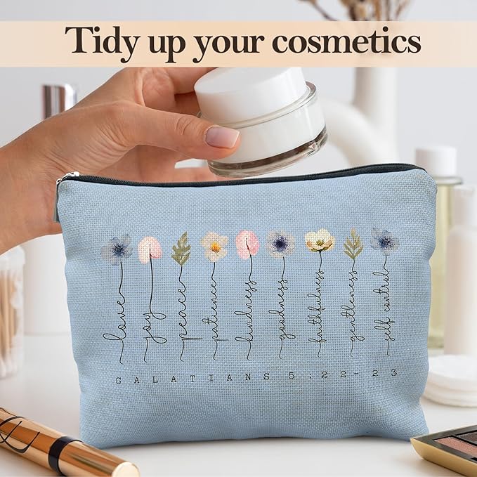 Christian Gifts Makeup Bag, Floral Christian Cosmetic Bags for Women, Galatians 5:22-23 Bible Verse Makeup Pouch（blue