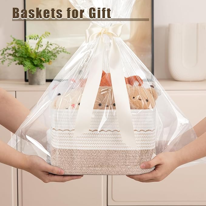 4 Pack Storage Baskets for Organizing, 13"X9"X7.87", Decorative Cotton Rope Baskets for Shelves, Small Woven Basket for Toys, Books and Towels, Brown & White