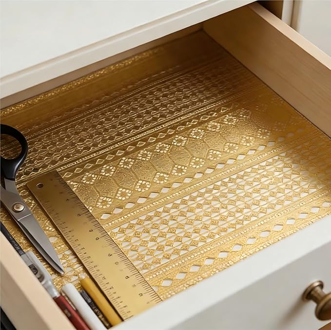 Shelf and Drawer Liner for Kitchen Cabinet,Non-Adhesive Waterproof Oil-Proof Easy Clean Shelf Liner for Dresser & Bathroom Vanities with Adhesive Dots & Cutting Tool(17 in X 20 Ft Gold Lace)