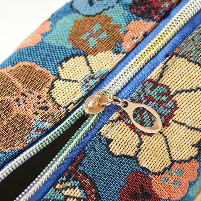 Rectangular Makeup Bag Small Cute Cosmetic Bags for Women，Floral Travel Toiletry Bag for Purse, Canvas Cosmetic Pouch Makeup Organizer Tool Pouch with Zipper（Garden Blue）
