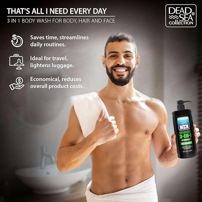 Dead Sea Collection Peppermint Men’s Body Wash – 3 in 1 Body Wash for Men for Hair, Face & Body – Moisturizing Shower Gel with Dead Sea Minerals – Pack of 2 (33.8 fl oz each)