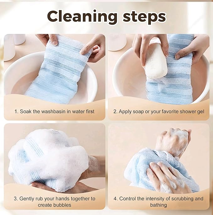 Exfoliating Body Scrubber, Back Scrubber for Shower, Japanese Exfoliating Washcloth Towel, Loofah Sponge Net Body Exfoliator for Men Women+Free Loofah Dish Towel (4Pcs Long Bath Towel)