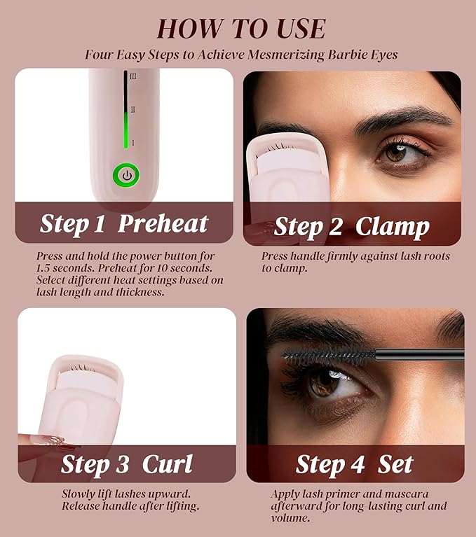 Heated Eyelash Curler, Eyelash Curlers with 3 Temp Settings, 10S Quick Heat-Up, 24H Long-Lasting Natural Curl, Type-C Recharge, Mini Electric Eyelash Curler for Women - Pink