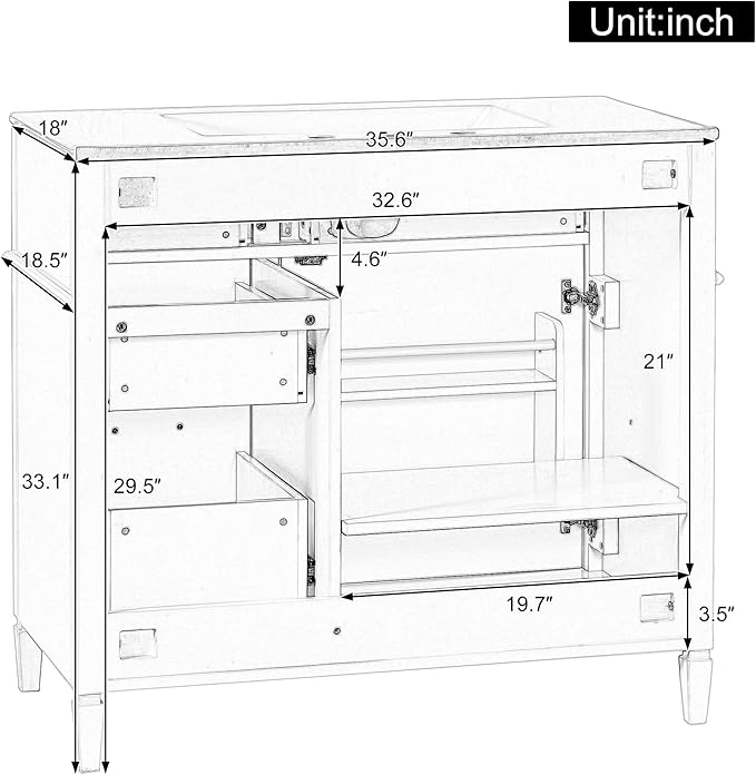 Harper & Bright Designs 36" Bathroom Vanity with Sink, Free Standing Vanity Set with 4 Drawers, Storage Racks, and Adjustable Shelf, Wood Bathroom Cabinet with Ceramic Basin for Bathroom, Green