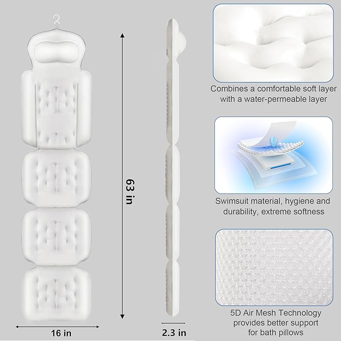 Luxury Full Body Bath Pillow for Bathtub, Bath Pillows for Tub with Mesh Laundry Bag, Cushion for Bathtub Headrest Neck Back Support - 5D Air Mesh & Quick Drying | White 63" x 16"