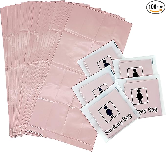 Sanitary Napkin Disposal Bags, Individually Wrapped, 100 Pack Feminine Hygiene Disposal Bags for Pads, Tampons, Privacy Protection, Pink